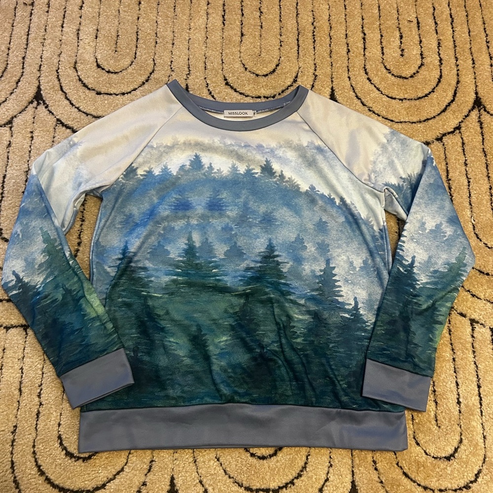 MISSLOOK Blue Green Forest Print Crewneck Sweater